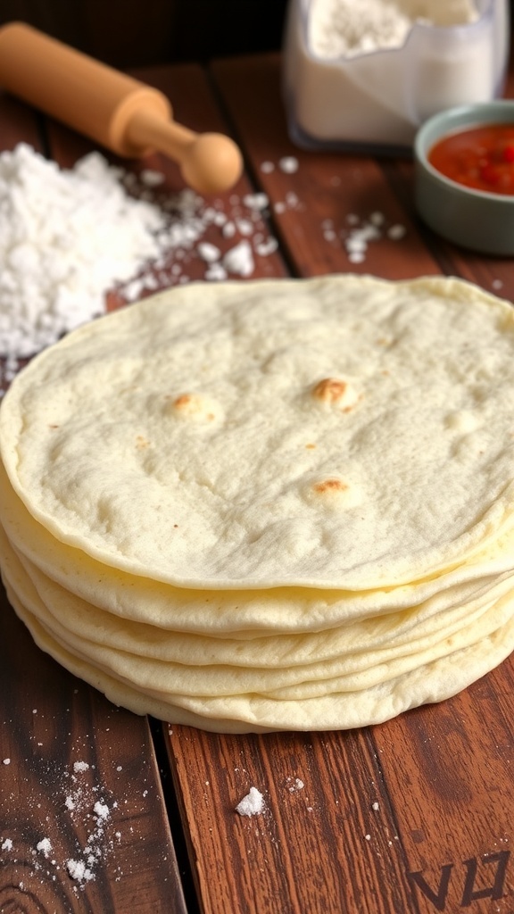 A stack of warm, golden flour tortillas on a wooden table with ingredients in the background.